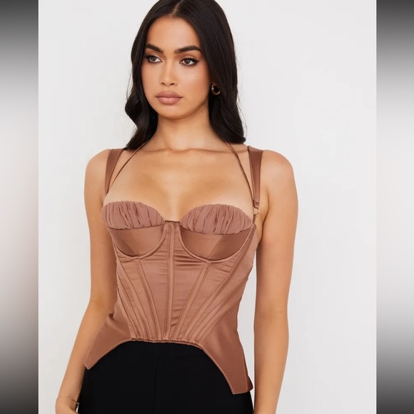 HOUSE OF CB 'Livia' Toffee Satin Peplum Corset NWOT - Picture 4 of 10